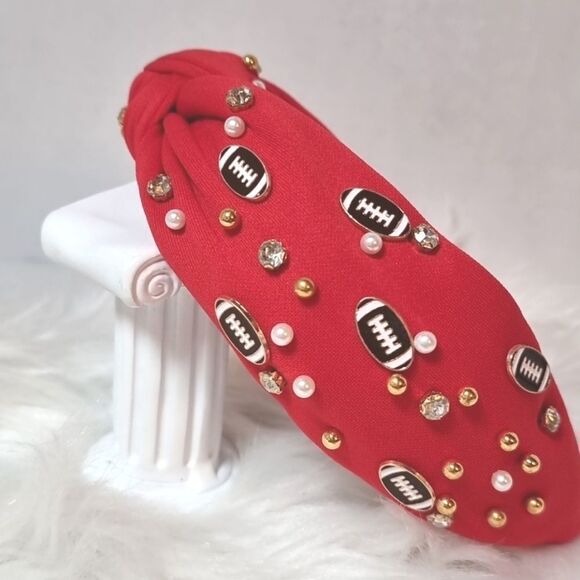 TEAM SPIRIT RED JEWELED FOOTBALL CHARM HEADBAND - Picture 1 of 8